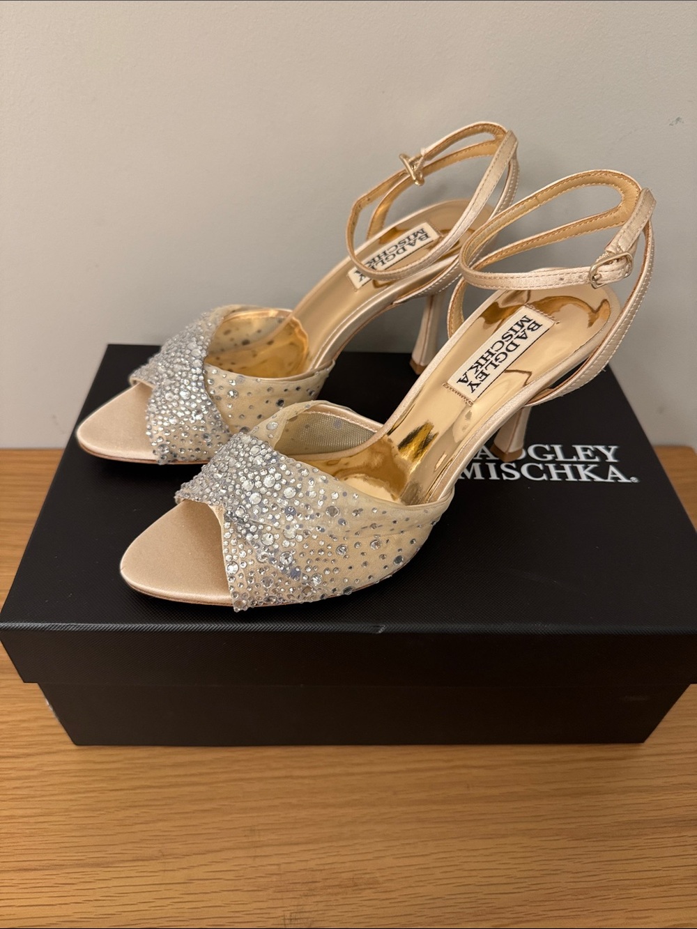 Badgley Mischka Champagne Crystal-Embellished Open-Toe Slingbacks